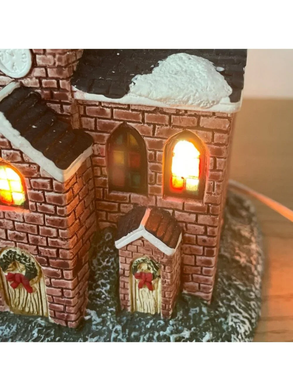 Vintage Christmas Village Church w Faux Stained Glass Windows Lighted House